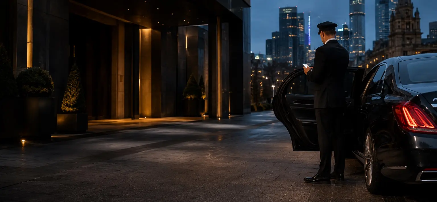 Chauffeur waiting beside a luxury sedan in Melbourne