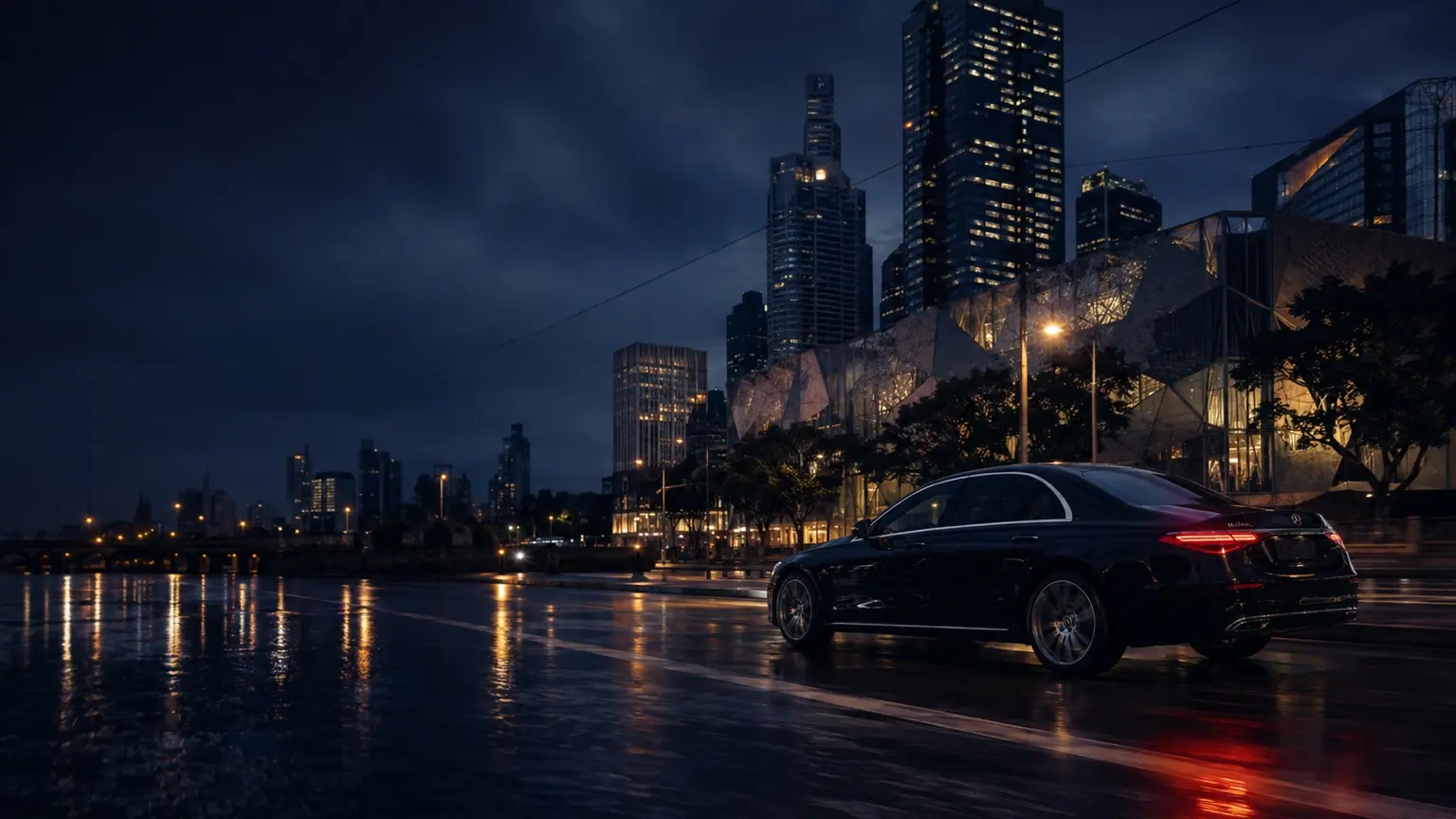 Luxury chauffeur sedan in Melbourne at night